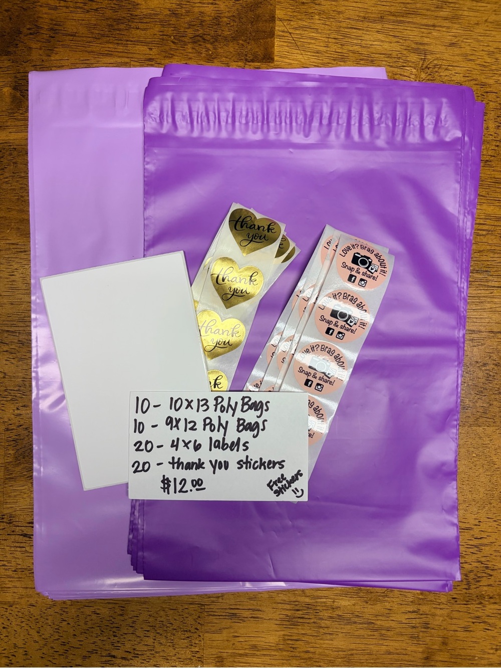 Purple Shipping Poly Mailers with Thank You Stickers and Labels